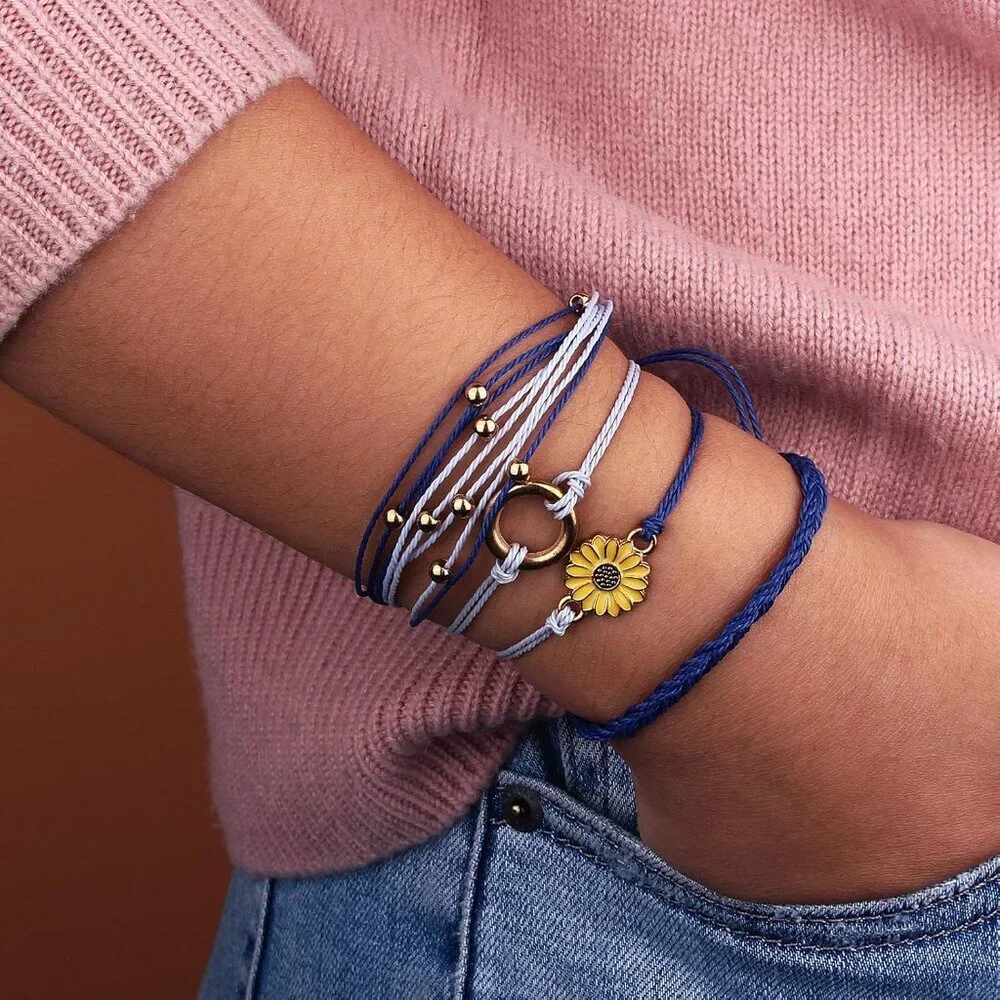 Sunflower String Bracelet Handmade Braided Rope Charms Boho Surfer Bracelet for